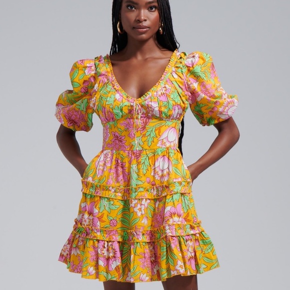LOVE THE LABEL Puff-Sleeve Tiered Floral Cotton Mini Dress - Picture 1 of 4